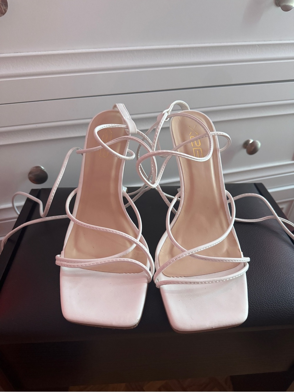 Strappy White Lace-Up Square-Toe Heels